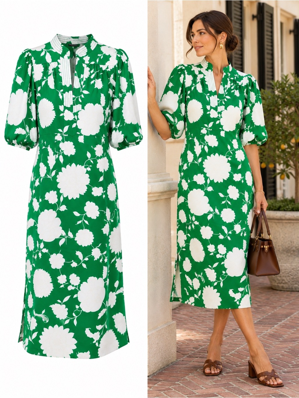 Ann Taylor Green White Floral Split Neck Puff Sleeve Midi Dress Sz Petite Medium